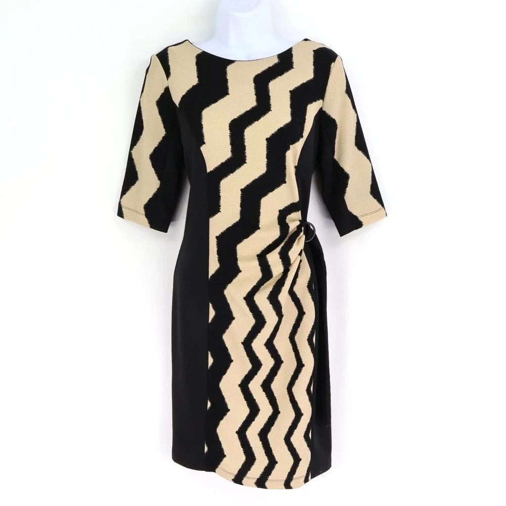 Julian Taylor‎ New York Pencil Dress Womens 10 Black Beige Geometric Ruched Side
